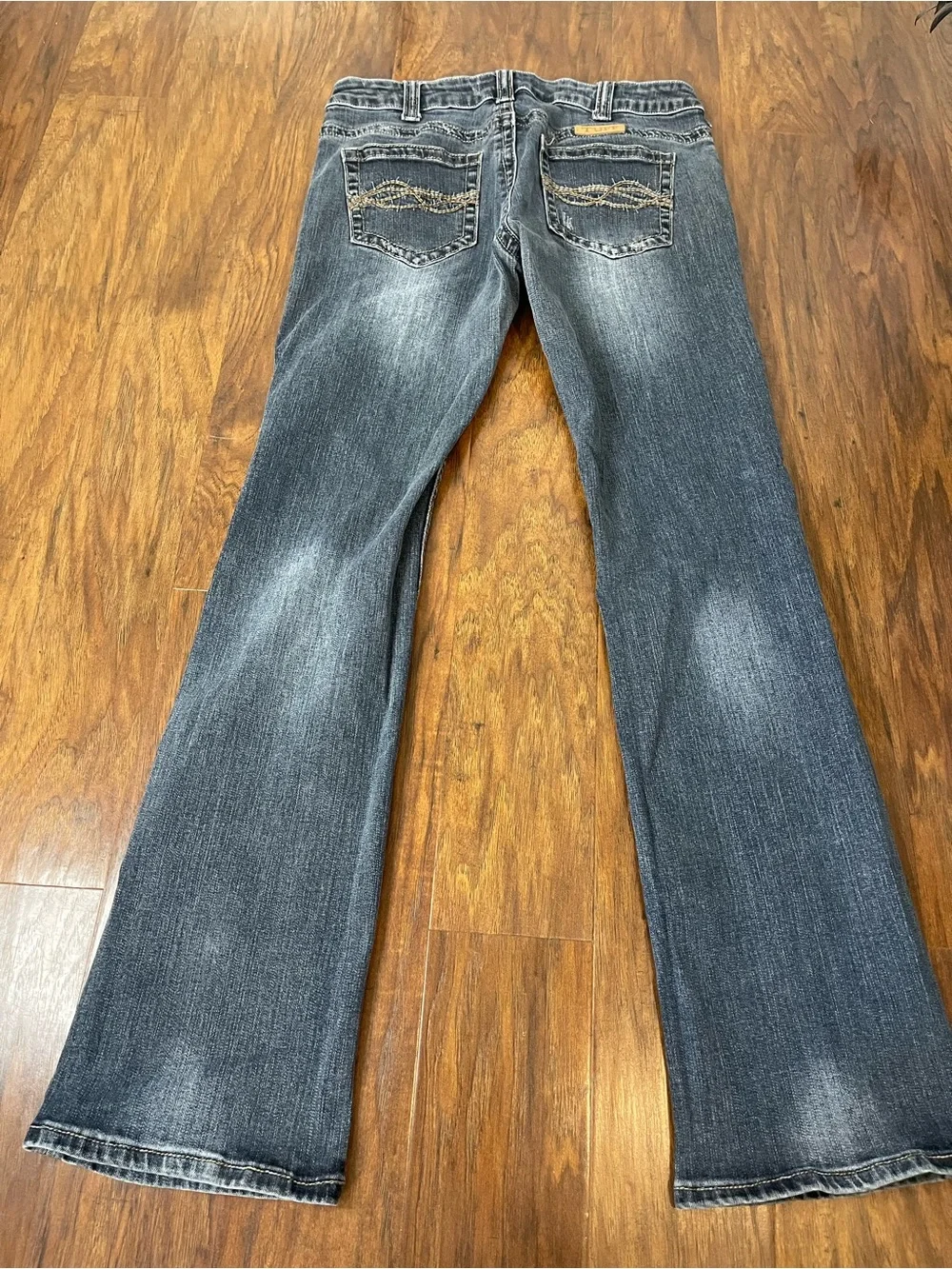 Cowgirl Tuff Dont Fence Me In Dark Wash Bootcut Jeans Gold Stitching 31x35